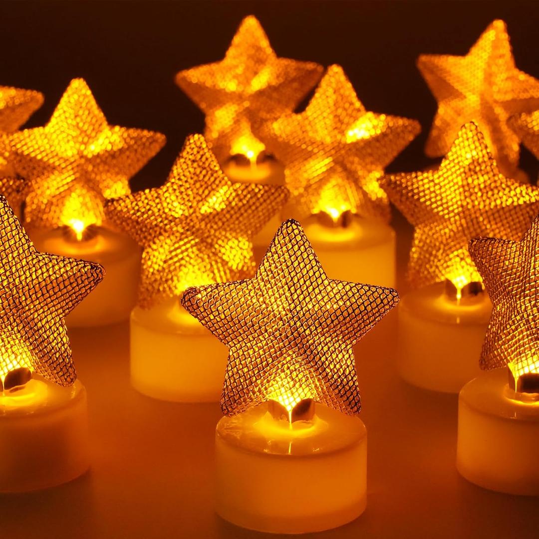 12PCS Star Tea Lights Candles(Ironwork), LED Flameless Candles Battery Operated for Holiday Gifts, Led MINI Electric Faker Votive Tealight Candles for Desk, Birthday Decorations (Star, 12)