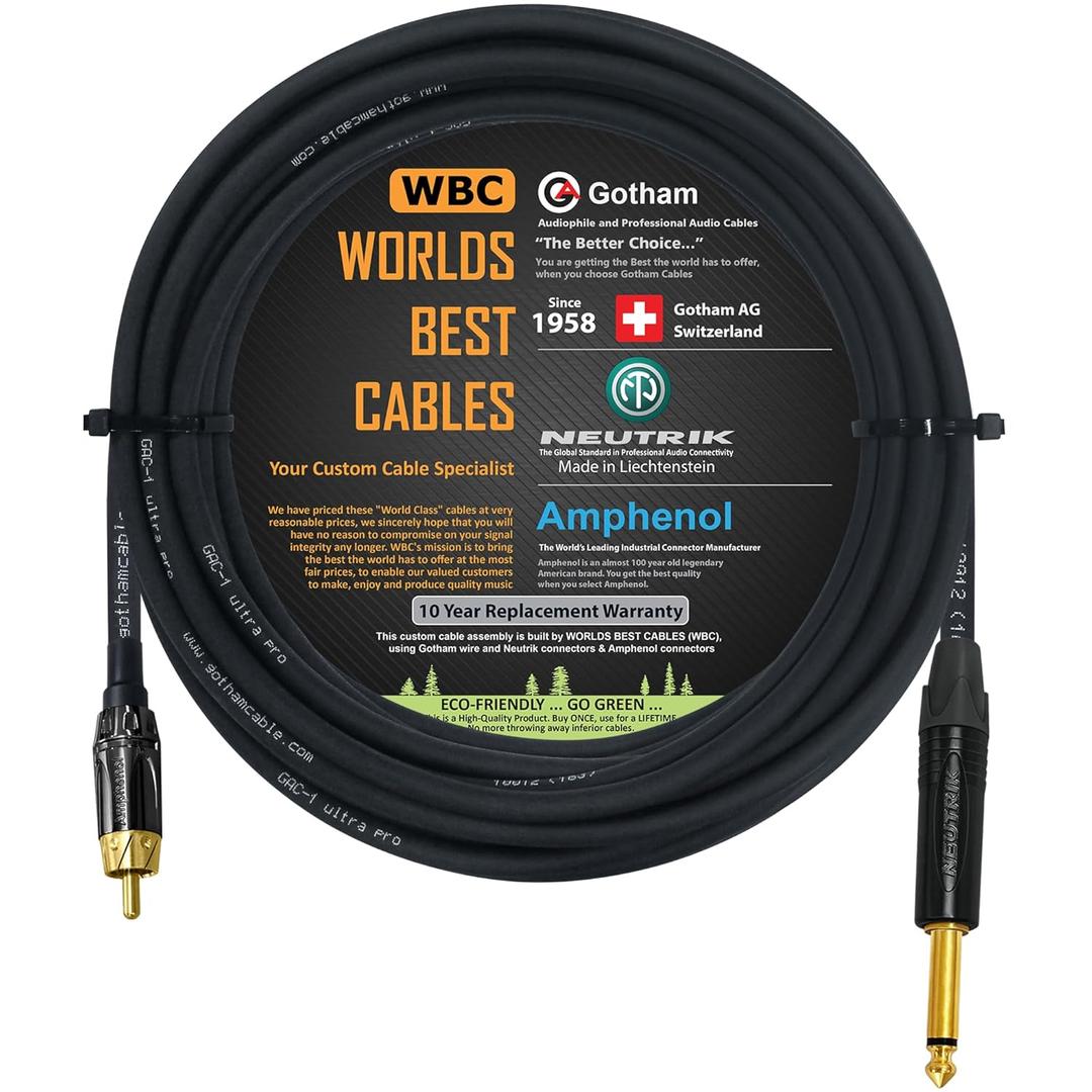 WORLDS BEST CABLES 35 Foot  TS to RCA Cable  Gotham GAC-1 Ultra Pro Low- Capacitance Instrument Cable & Neutrik NP2X-B & Amphenol ACPL-CBK Gold Plugs - Custom Made