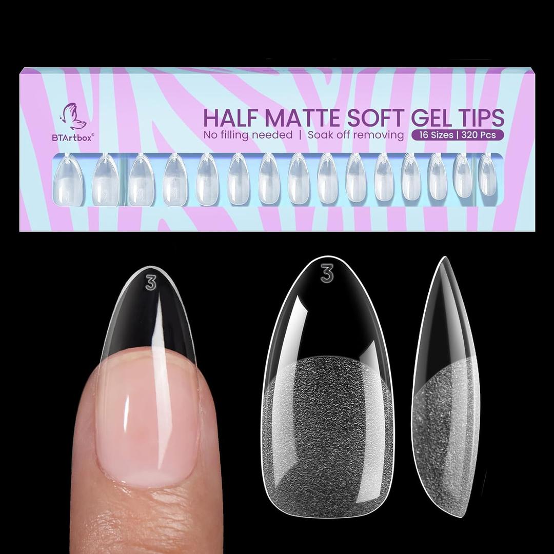 BTArtbox Half Matte Soft Gel Nail Tips - 320pcs Pre-Shaped Almond Nails, Full Cover Acrylic Fake Nails Medium, Clear Ultra Fit & Natural False Nails for Nail Extension, 16 Sizes