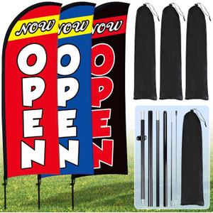 Buryeah 3 Sets Now Open Feather Flag Pole Kit for Business Advertising 7 ft Open Flag Banner Sign with Pole Kit Ground Stake and Portable Bag for Outside Ground (Multicolor)