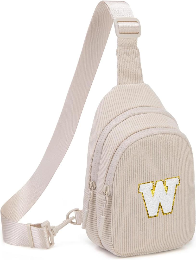 Viverte Small Corduroy Sling Bag Initial Crossbody Bag Fanny Pack for Girls Personalized Birthday Gifts for Teen Girls Gifts (Beige)