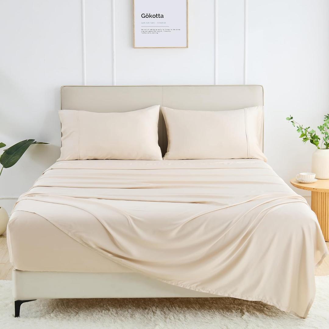GOKOTTA Twin XL Sheet Sets, 100% Tanboocel Rayon Derived from Bamboo Sheets Twin XL Set, Soft Cooling Sheets, 15" Pocket Twin XL Sheets with Elastic Corner Straps, Moisture Wicking,Double Stitching (04 Light Beige)