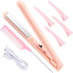 Pink Mini Travel Curling Iron Set, 1 Inch Dual Purpose Curling Wand, 2-in-1 USB Hair Straightener Cordless Portable Ceramic Mini Hair Curler for Women Short Hair