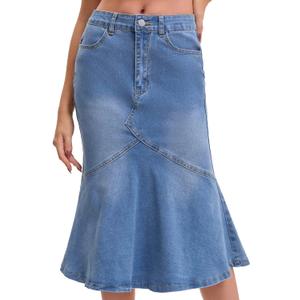 Women Midi Jean Skirt High Waisted Ruffled Bodycon Fishtail Denim Skirts (Blue) L