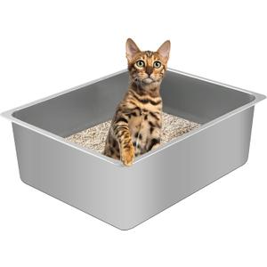 Stainless Steel Cat Litter Box for Large Cats - 17.5"x13.6"x6.1" High-Sided Metal Tray, Anti-Splash & Odor Resistant, Durable Rustproof Design, Easy to Clean 2Pcs