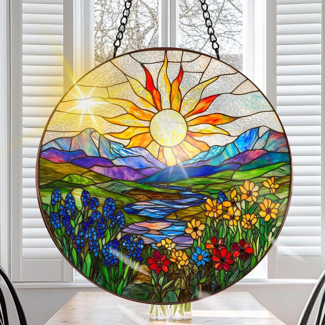 VAIIEYO Sun Sun Catcher Stained Glass Window Hanging Ornament, Handmade Sun Catcher Flower Landscape Decoration with Hooks for Window Garden Home, Birthday Housewarming Gift 7.8 inch