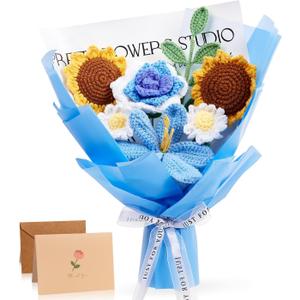 ZHIYUXI Blue Crochet Flower Bouquet Crochet Sunflowers Handmade Knitted Flower Bouquet for Wedding Anniversary Birthday Valentines Day Blue Gifts for Women Men for Dad Husband