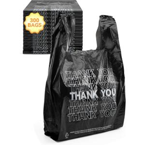 UMT Plastar 300 Count Thank You Plastic Bags, 12" x 6" x 22", 15 Mic Black T Shirt Grocery Bags with Handles, Ideal for Restaurants, Retail, Grocery Stores, Takeout, Convenience Stores