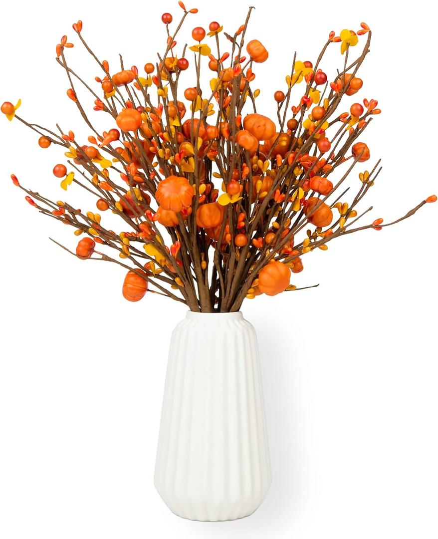 Fall Stems for Vases 6 Pack, 16.5" Artificial Berry Stems for Autumn Farmhouse with Pumpkin Orange Berry Picks and Faux Flower, Autumn Thanksgivings Harvest Decoration
