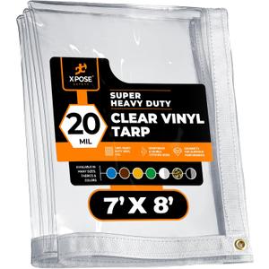 7' x 8' Clear Vinyl Tarp - Super Heavy Duty 20 Mil Transparent Waterproof PVC Tarpaulin with Brass Grommets - for Patio Enclosure, Camping, Outdoor Tent Cover, Porch Canopy - by Xpose Safety