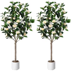 Jocoevol Artificial Camellia Tree 4ft, 2 Pack Indoor Fake Plant with Realistic Trunk, Leaves, Flowers and White Planter, Faux Potted Tree for Home Decor and Housewarming Gift