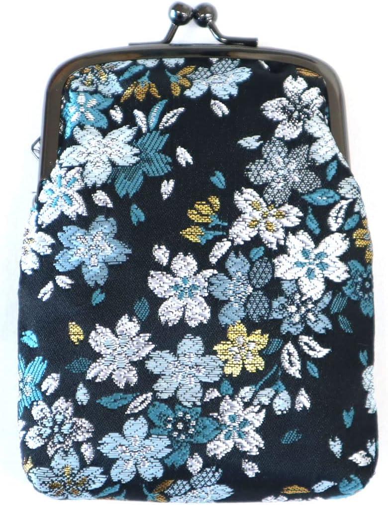 Japanese Kimono Gold Brocade Coin Purse Change Purse Wallets Pouch (Sakura NAVY)