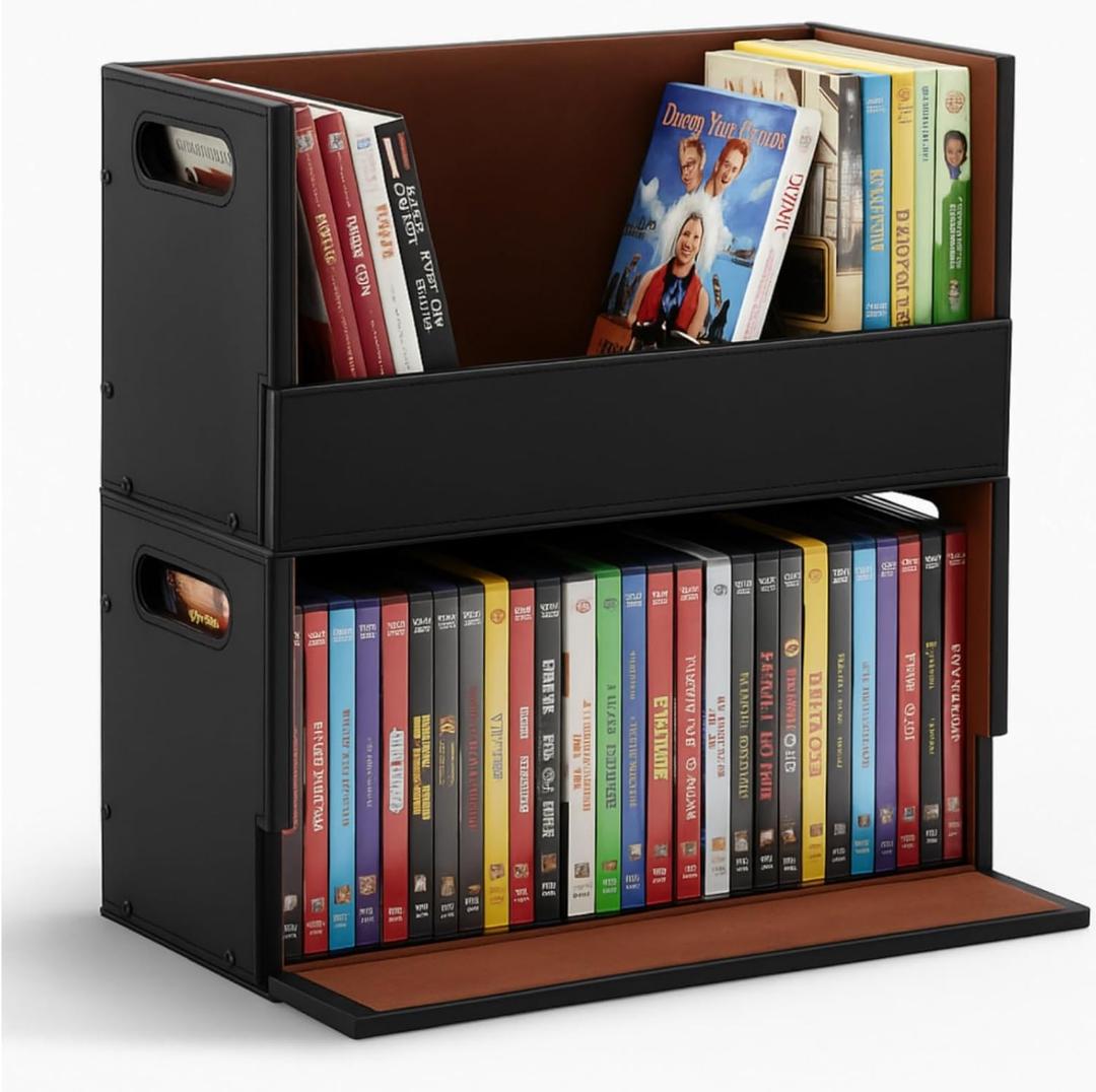 2 Set Leather Dvd Storage Box Dvd Storage Shelf Holder Racks Cassette Tape Display Stand with Carrying Handles for Movie Cases, Each Organizer Can Store up to 26 Boxes