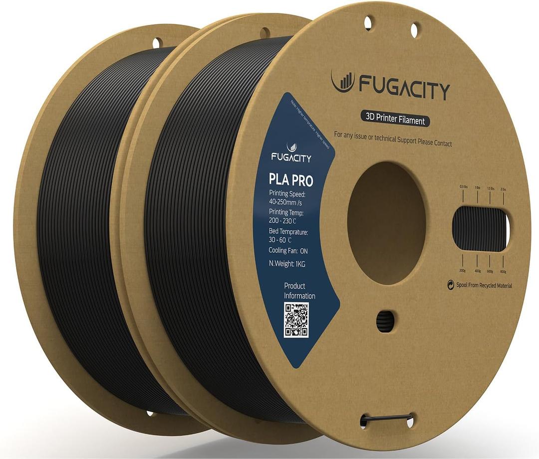 Fugacity PLA PRO Filament 1.75mm, Black 3D Printer Filament 2 Roll 1KG Spool Bundles, Dimensional Accuracy +/- 0.02mm, Enhanced Printing Effect Fits Most FDM 3D Printers