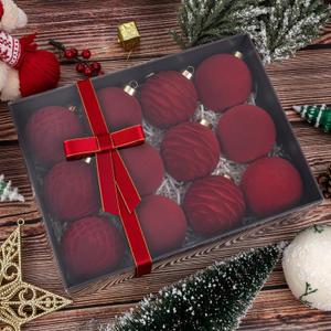 Festiva Christmas Tree Ornaments Velvet Balls - 12 Pcs Burgundy Red Shatterproof Christmas Tree Ornaments Velvet Balls, for Xmas Wedding Party Holiday Decorations (Gift Box)