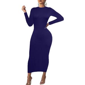 Women's Long Sleeve Bodycon Dress - Maxi Casual Fall Club Party Long Tight Pencil Dresses (Navy) XL