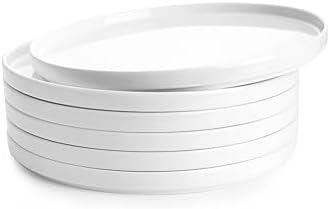 Sweese Porcelain Flat Dinner Plates Set of 6, 10.5 Inch High Edge Dish Set - Dishwasher, Microwave, Oven Safe, Scratch Resistant, Kitchen Serving Dishes - Elegant White Glaze