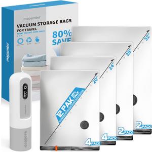 Mapambo Vacuum Seal Bags for Clothing Travel: 60000Pa LED Rechargeable Air Pump, 12 Pack Vacuum Bags for Luggage and Suitcase in 4 Combo Sizes, Space Saver Vacuum Storage Bags