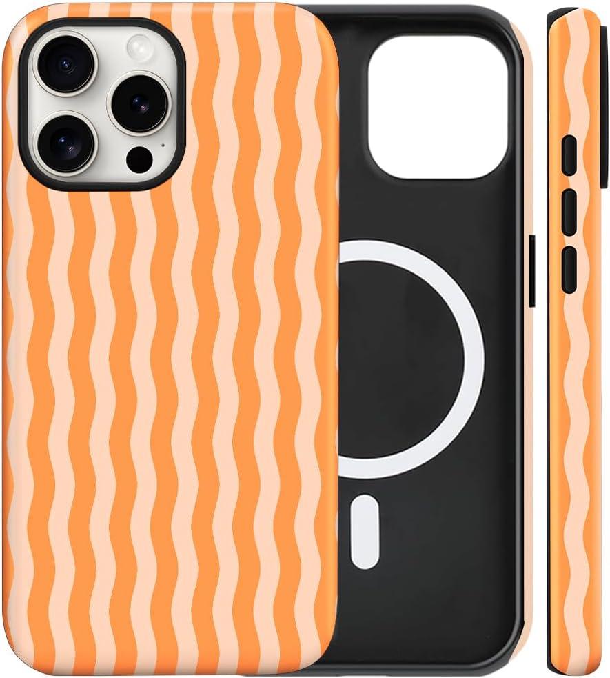 Magnetic for iPhone 16 Pro Case Cute Wavy Stripes Phone Case, Shockproof Slim TPU and Hard PC Protective Phone Cover Compatible with MagSafe Designed for Women Girls, Orange