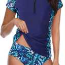 Holipick Short Sleeve Rash Guard for Women - 2 Piece Swimsuit UPF 50+ Zipper Swim Shirts with Built in Bra (X-Large, Blue Leaf)