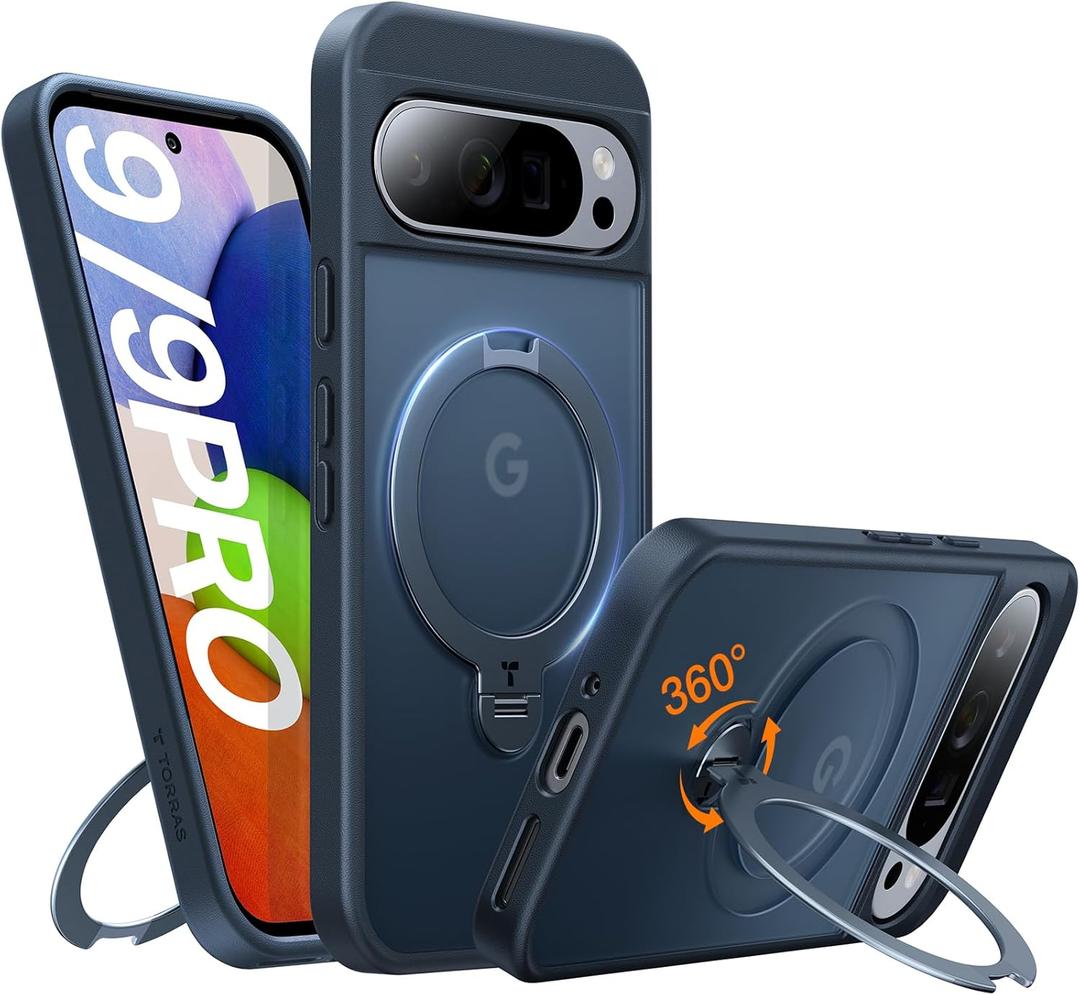 TORRAS 360° Spin Magnetic Stand for Google Pixel 9 Pro Case/Pixel 9 Case, 12FT Military Protection, Compatible with Magsafe, Shockproof Translucent Slim Pixel 9 Pro Phone Case with Ring Holder, Black