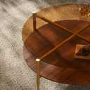 Saint Mossi Glass Round Coffee Table for Living Room, Middle-Century Modern Style, Coffee Brown Glass Top & Walnut Brown MDF Wood Top, with Gold Finish Legs & Frame, Small, Color: Brown/Walnut, 30"D x 30"W x 17"H