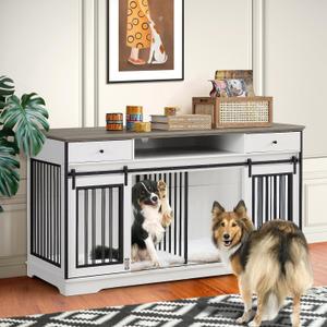 Yafylly 66" Double Dog Crate Furniture, Heavy Duty Dog Kennel with Divider, Durable Dogs Kennel with 2 Drawers, Large Dog Crate for 2 Dogs (White