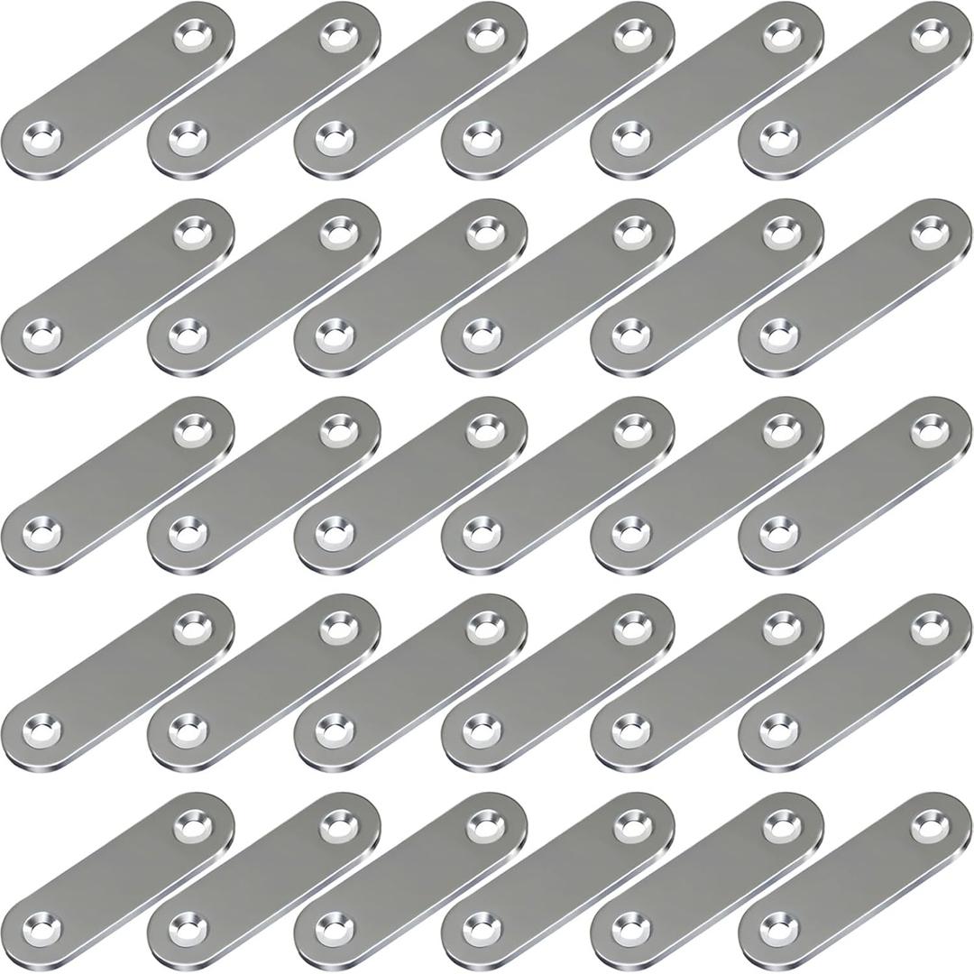 30 Pack Flat Mending Plates, 2 Inch Stainless Steel Straight Brace Brackets, Repair Brackets for Wood Furniture with Screws