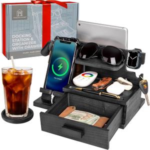 Parkway Home Black Wood Phone Docking Station with Drawer, Compatible with Apple Watch - Wood Charging Station Organizer Stand, Bedside Nightstand Organizer for Men, Holds, Tablet, Glasses, Keys, EDC