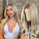 Blonde mix Brown Synthetic Lace Front Wig, 13x4 Straight Highlight Layered Wigs for Women Pre-plucked Natural Hairline Heat Resistant Hair with Dark Roots 18 Inch Daily Use