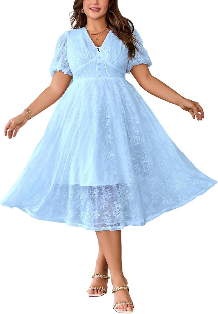 EYWOL Plus Size Wedding Guest Dress: Cocktail Dresses for Women - Brunch Dress with Sleeves - A Line Elegant Party Prom Blue (Blue, XXL)