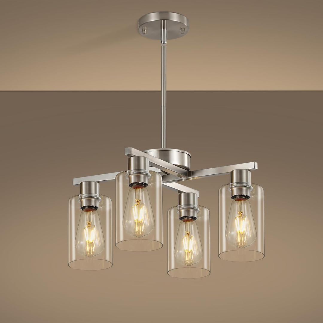 4-Light Brushed Nickel Dining Room Light Fixture, Modern Industrial Kitchen Chandelier Over Table, Adjustable Height Hanging Pendant Light for Kitchen Island, Entryway with Clear Glass Shade