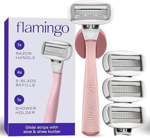 Flamingo Shaving Razor Set for Women - Original Razor Handle, 4 Blade Refills, and Shower Holder - Rose