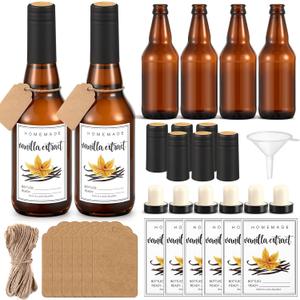 6 Pack 11 oz Vanilla Extract Bottles Glass Amber Bottles with Caps Stickers and Funnel for Homemade Vanilla Extract, Essential Oils, Syrup, Sauce Beans, Liquids, Christmas, Holiday Gift