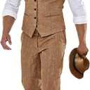 Furuyal Linen Suits for Men Casual Wedding Suits Men 2 Piece Suits Groomsmen Tuxedos Summer Beach Prom Vest and Pants Set (XX-Large, Khaki)