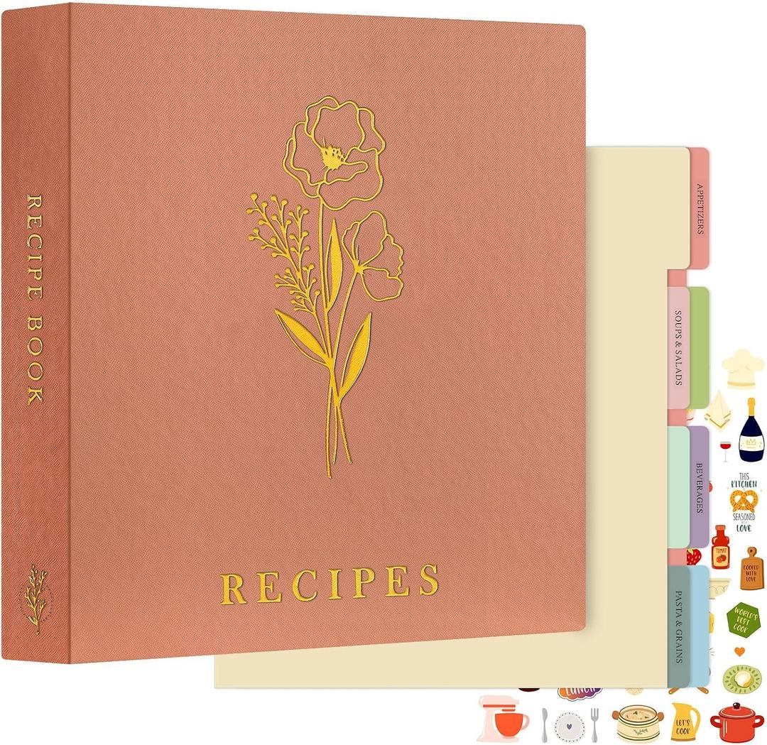 Lanpn Recipe Binder 8.5x11 3 Ring Kit, Waterproof Organizer Binder with 60 Plastic Sleeves,116 Recipes, Dividers,Labels & Stickers, Blank Recipe Book to Write in Your Own Recipes, Rose