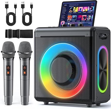 Karaoke Machine with 2 Wireless Rechargeable Microphones: Portable Bluetooth Speaker for Adults & Kids - PA System with Lights Supports TWS/TF Card/USB/AUX for Home Party