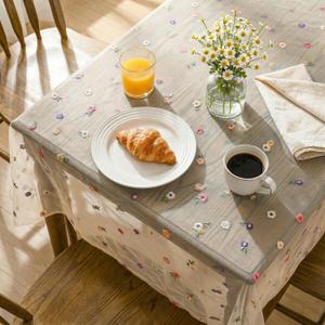 Horaldaily Champagne Embroidery Floral Spring Summer Gauze Tablecloth 60×84 Inch Rectangular, Wildflower Seasonal Tulle Table Cover, Garden Party Decor for Wedding, Party, Holiday Dining