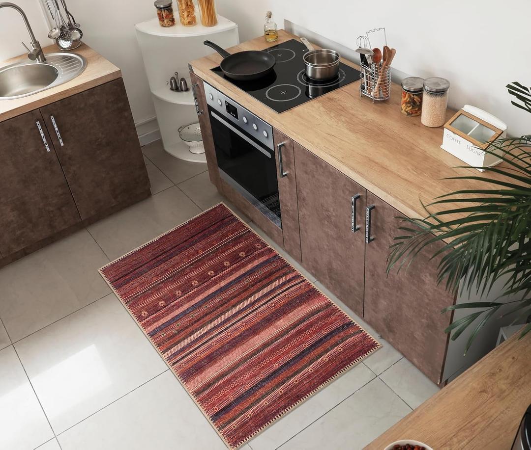 Keen Home Design 2x3 Rug - Machine Washable Entry Rug with Non-Slip Backing, Ideal for Enteryway, Kitchen, Bathroom, Laundry Room - Vintage, Easy Clean, Durable, Low Pile Rug - (2' x 3') (Burgundy)