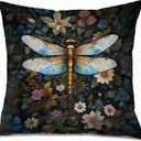 Vintage Moody Floral Dragonfly Pillow Covers 18x18, Dark Cottagecore Room Decor, William Morris Flower Botanical Dragonfly Decorative Pillow Covers for Home Bedroom Living Room