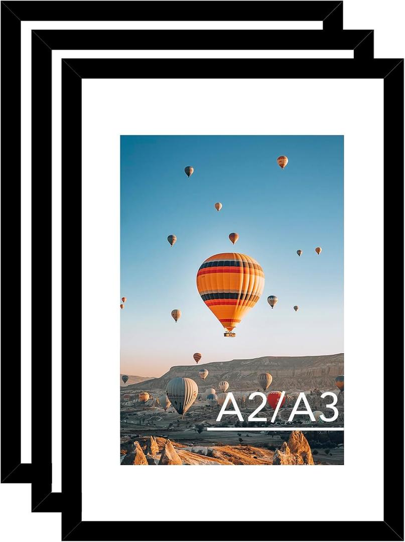 JCJMY 16.5x23.4 A2 Picture Frame Set of 3 Black with 11.7x16.5 A3 Mat, Display Photo 11.7x16.5 with Mat or 16.5 x 23.4 Without Mat, Wall Hanging Large Frame with Plexiglass, 3 Pack, Black