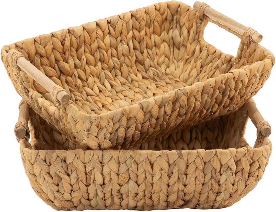 HOMESTEAD Water Hyacinth Storage Baskets with Wooden Handles, Medium Rectangular Wicker Baskets for Bedroom, Living Room, Bathroom, Shelves - 2 Packs
