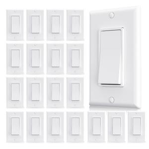 AIDA Single Pole Rocker Decorator Light Switch, 15 Amp Self-grounding Electrical Light Switches, Wall Plate Included, Residential Grade, UL Listed (20 Pack, Glossy White)