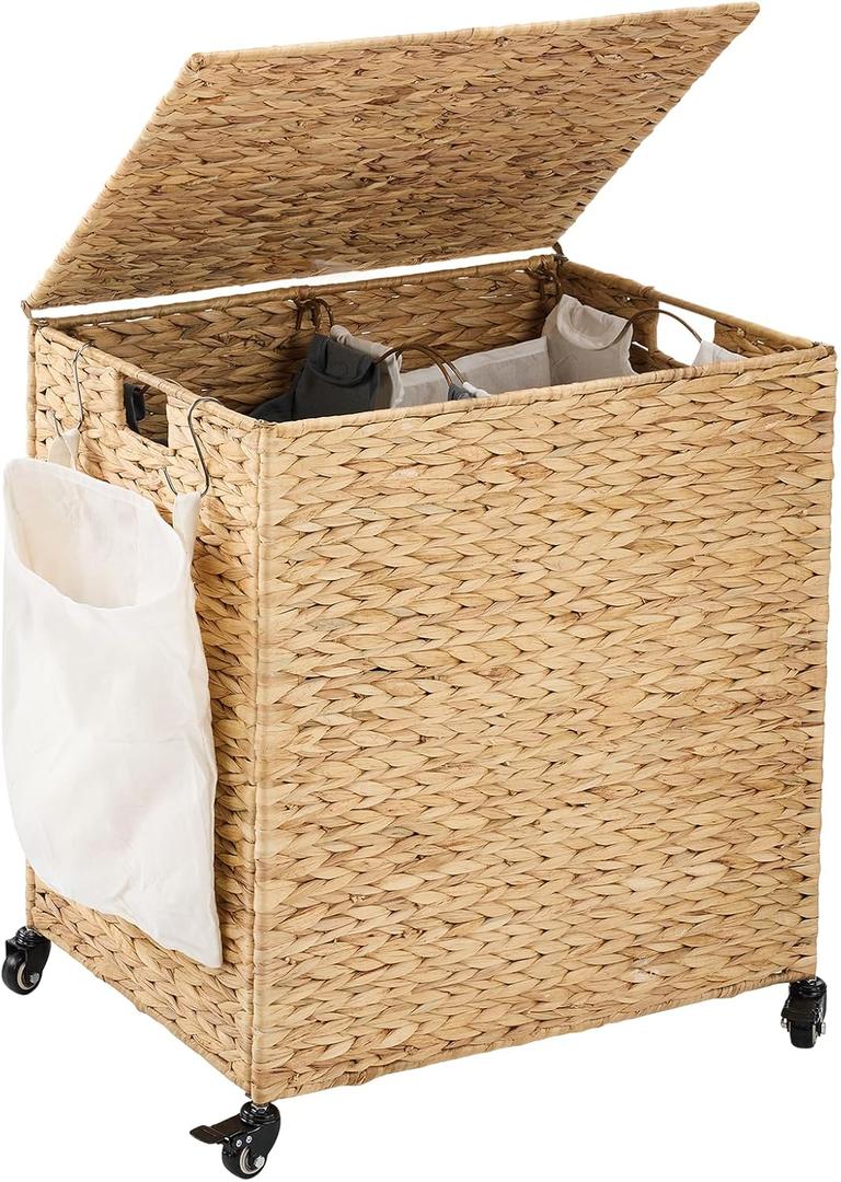 Laundry Hamper with Wheels, 40.92 Gallon(155L) Water Hyacinth Laundry Basket with Lid, 2-Section Wicker Clothes Hamper with 2 Removable Liners, Laundry Sorter with Side Pocket, Natural, 23.62"L x 15.75"W x 25.6"H