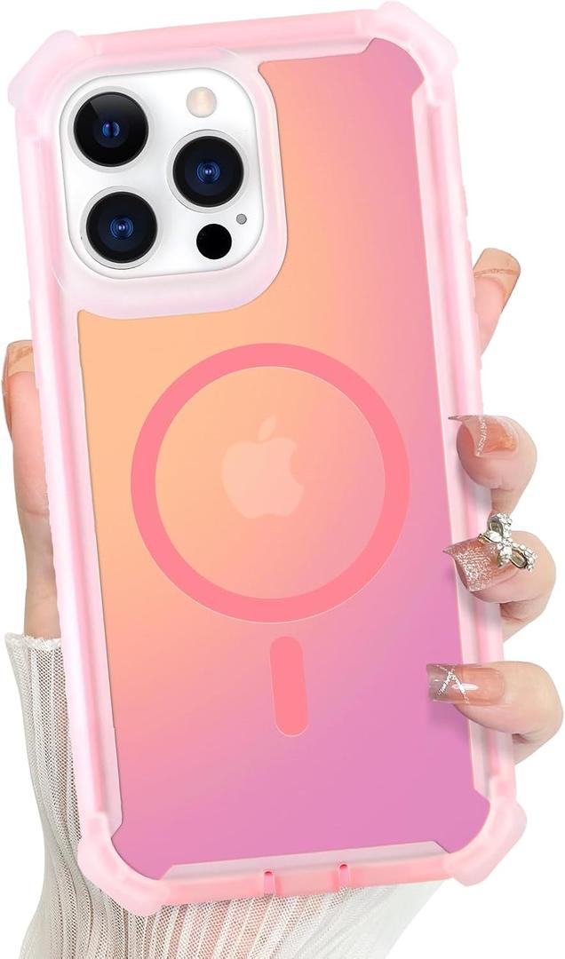 Bonoma for iPhone 15 Pro Max Case, Iridescent Back, Magnetic Support for MagSafe Shockproof Cover, Crystal and Corner High-Duty Protection for Girls Women -Pink