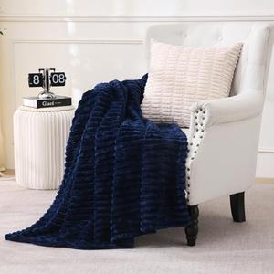 Linecooo Navy Blue Fleece Throw Blanket 50”×60” for Couch Sofa Bed,Super Soft Cozy Plush Microfiber Flannel Blanket with Stripes Design Lightweight for Adults,Woman,Girls