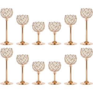 Crystal Candle Holders 4 Set of 12 - Gold Vintage Hollow Ball Candle Stand for Table Centerpiece, Crystal Metal Tealight Candlestick for Wedding, Dining Room Decor