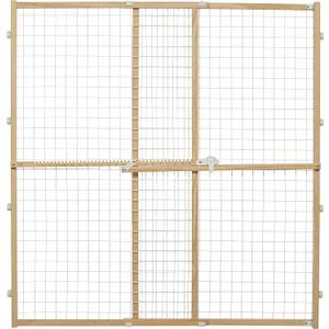 MidWest Homes for Pets Wire Mesh Pet Safety Gate, Pressure Mounted Dog Gate Measures 44 Inches Tall & Expands to 29-50 Inches Wide, Natural Wood & White Powder Coated Wire Mesh (Large)