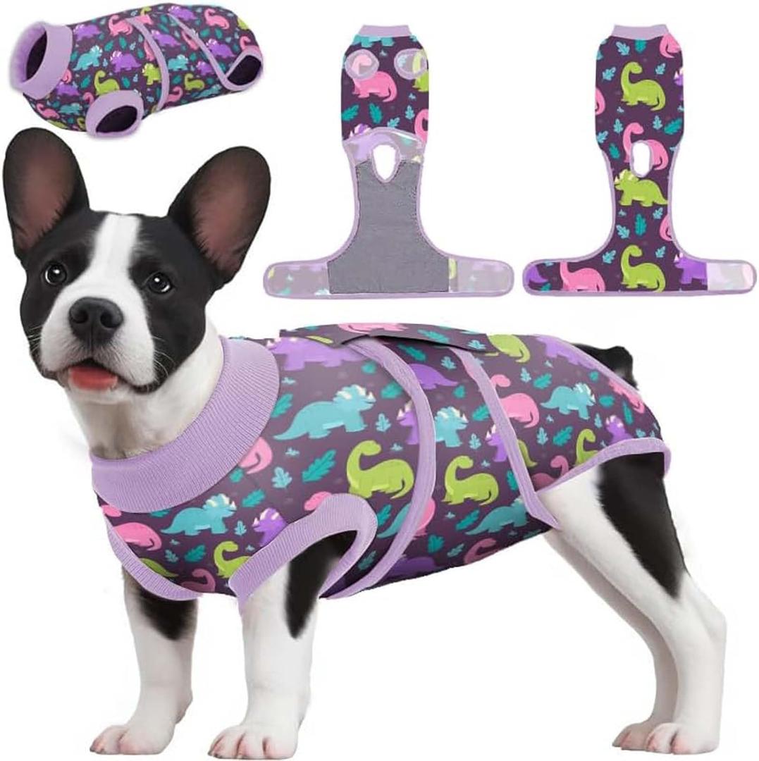 PetWarm Dog Post Surgery Suit Female Spay, Pet Recovery Suit for Dogs, Onesies for Dogs, Substitute E-Collar and Cone, Anti-Licking Dog Onesie for Surgery Female, Dinosaur Pattern, Purple, XS (X-Small (Back:8.3-11.4'', Weight:4-7LB))