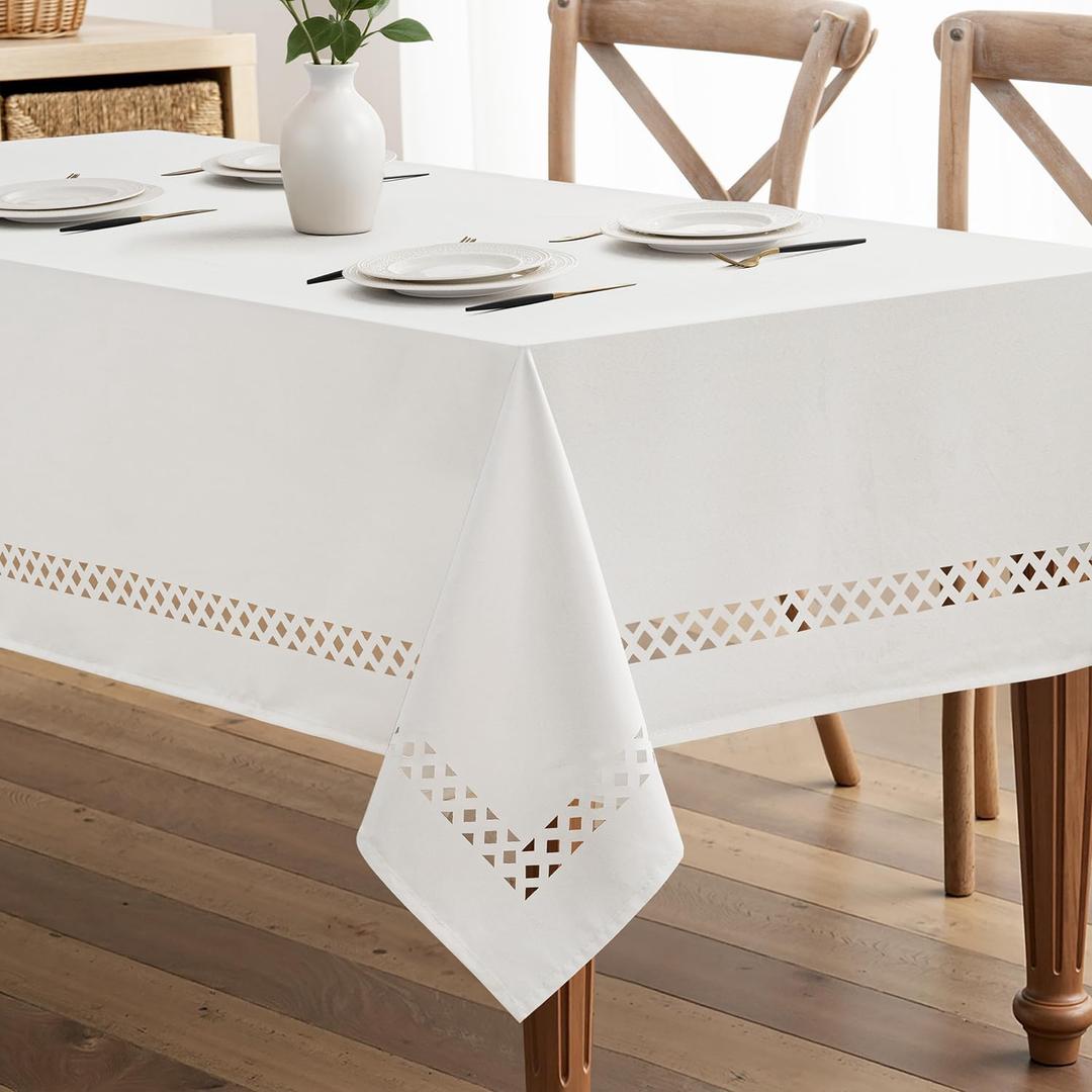 MIULEE White Rectangle Linen Polyester Tablecloth with Decorative Cutouts Spring Waterproof Stain Resistant & Shrink-Proof Table Cloth 60x120 inch Farmhouse Style for Dining Wedding and Outdoor